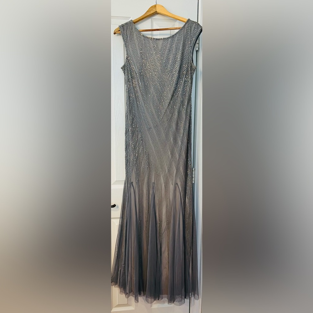 Adrianna Papell Silver Beaded Mermaid Gown